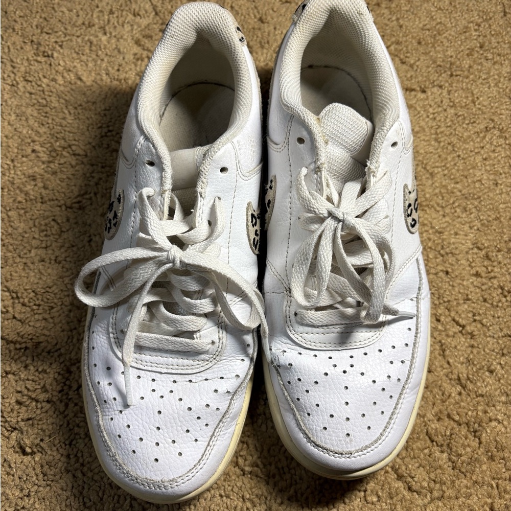 Nike Women’s 9.5 White Sneakers with Leopard Print Swoosh‎